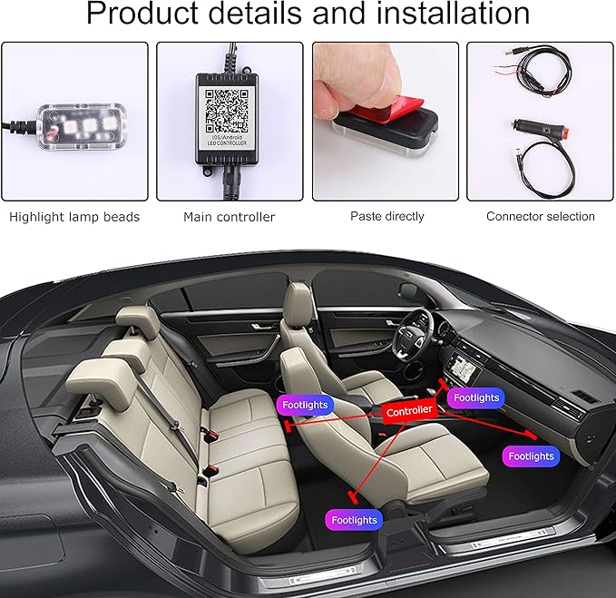 Car Footwell Interior Atmosphere Lights, Multicolor RGB Car Ambient Lighting Kit, DIY Mode Sound Active Music Sync, RF Remote Control + APP Control DC 12V