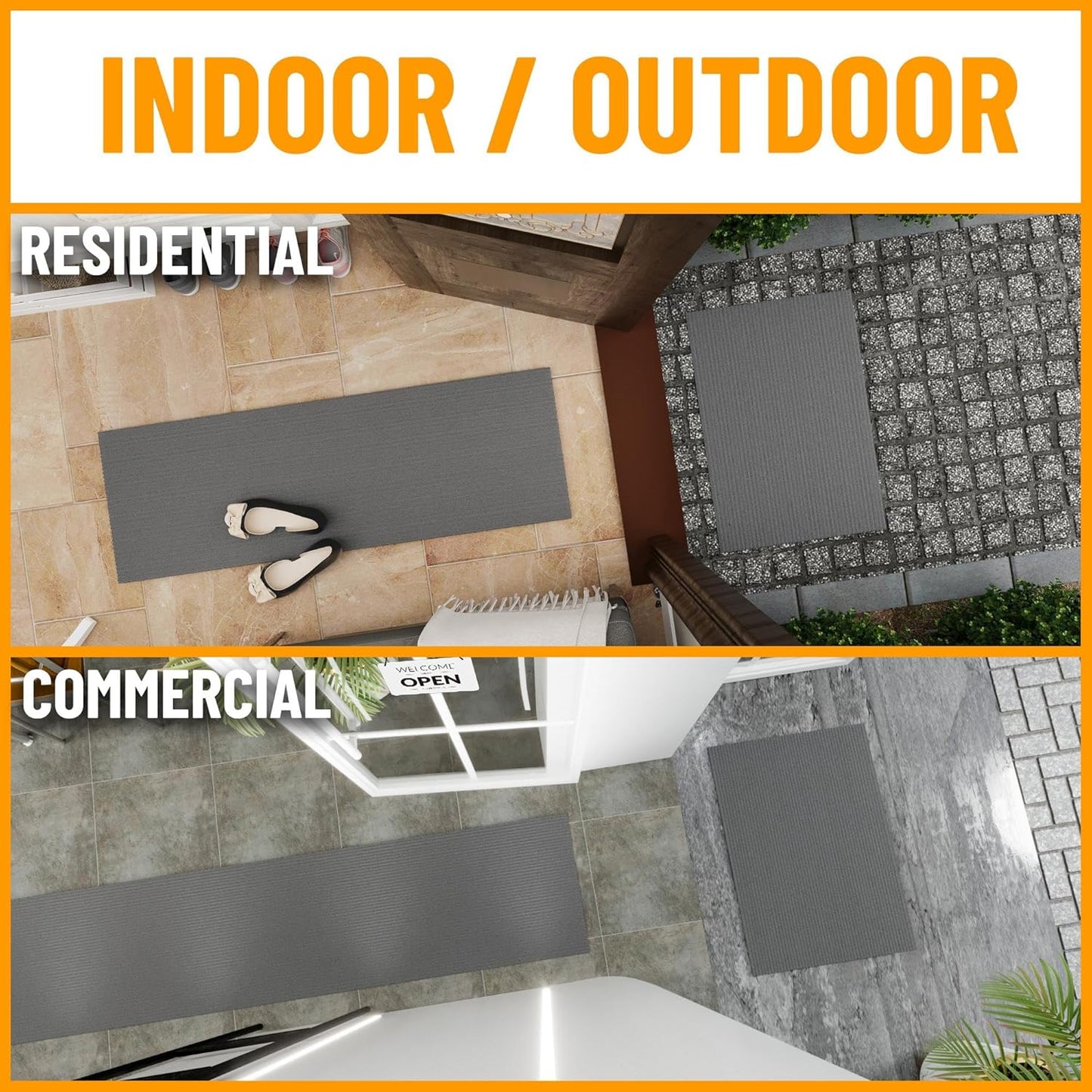 Ottomanson 2' x 9' Hallway Runner with Scraper Pile - Extra Durable Non-Slip Rug Mat for Indoor & Outdoor Use - Ideal for Kitchen, Entryway, Patio & Garage - High-Traffic Carpet, Gray