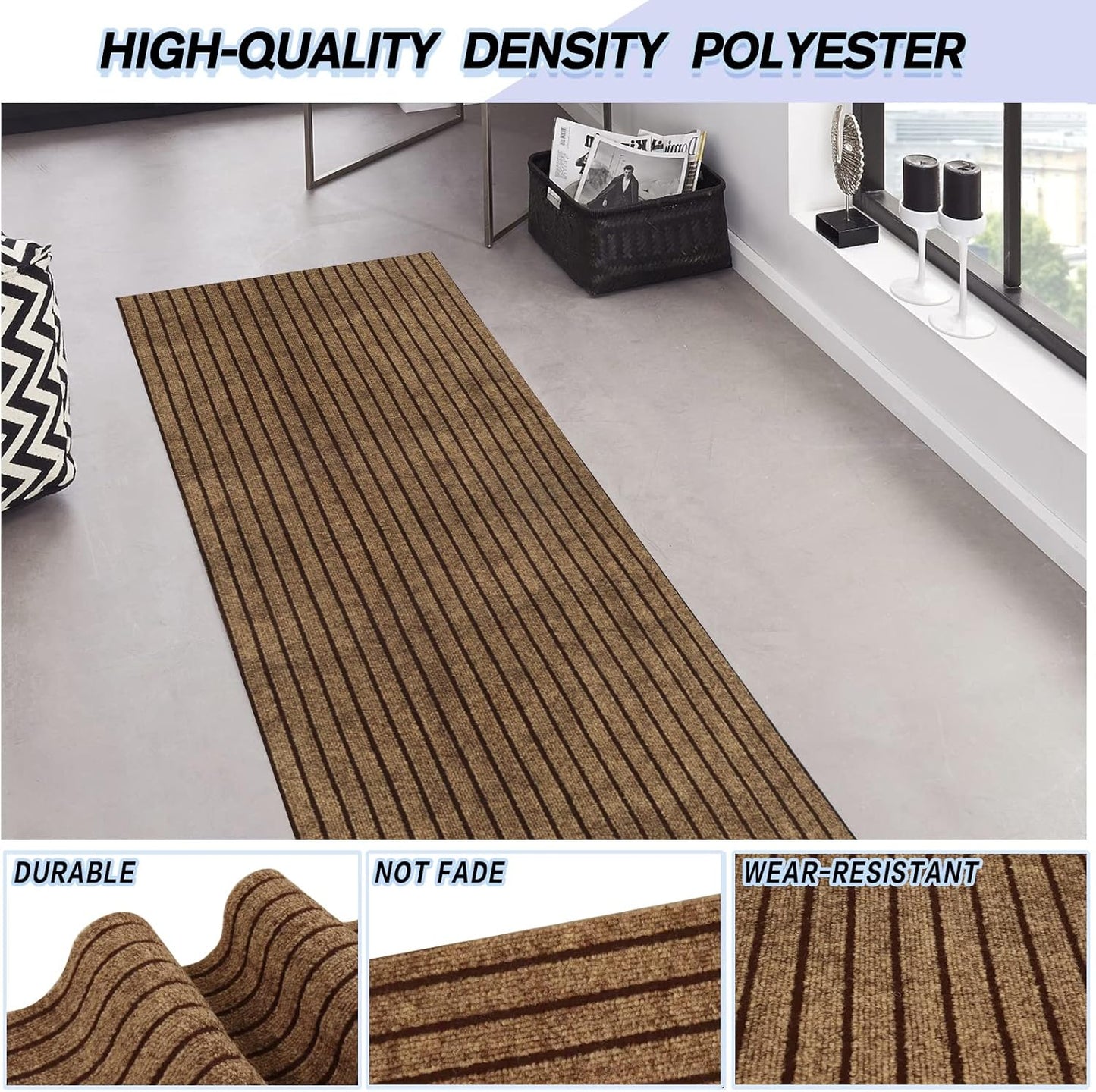 Custom Size Backed Non-Slip Area Rugs Runner, Easy Clean, Waterproof Runner Rugs for Hallway Entryway, Kitchen, Laundry, 2FT x 26FT, Brown Stripe