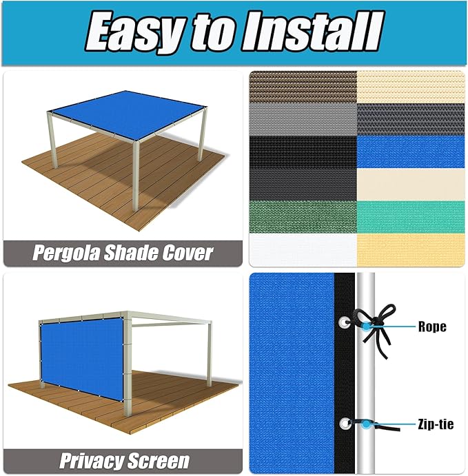 Amagenix 90% Pergola Shade Cover 6' X 15' Sun Shade Cloth with Grommets for Outdoor Garden Patio Porch, Commercial Grade 200 GSM - Cable Zip Ties Included (We Customized) GN108, Blue