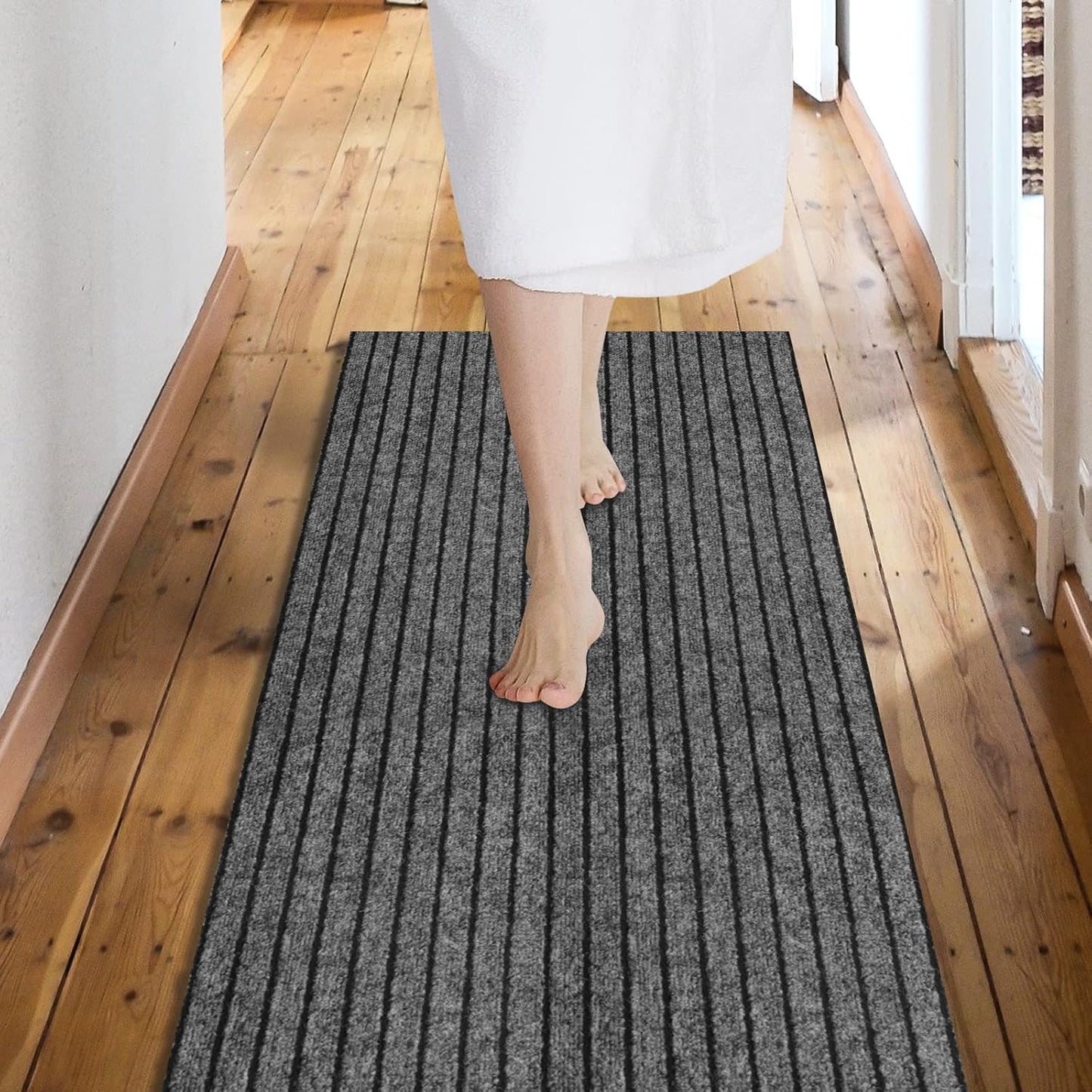 Custom Size Backed Non-Slip Area Rugs Runner, Easy Clean, Waterproof Runner Rugs for Hallway Entryway, Kitchen, Laundry, 2FT x 38FT, Gray Stripe