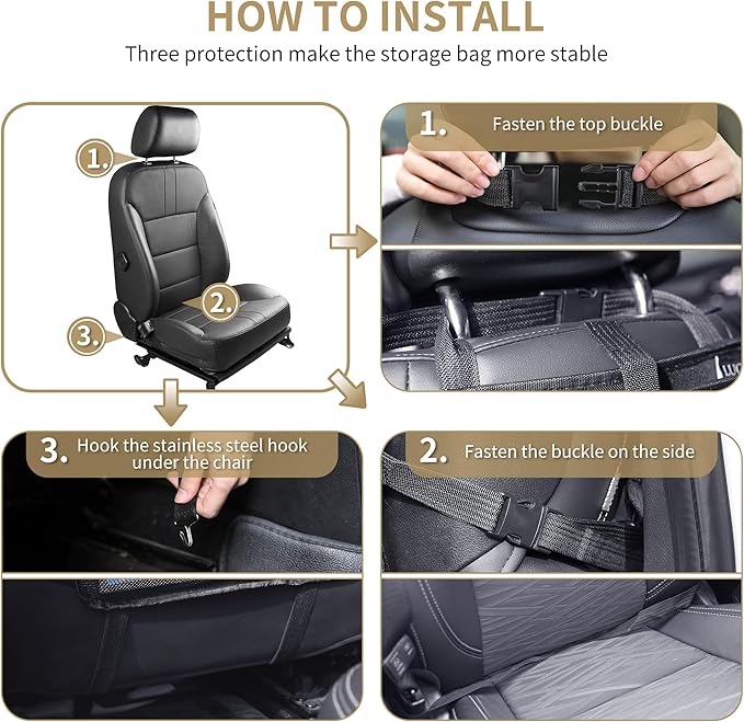 LUCMO Car Backseat Organizer with Touch Screen Tablet Holder-2 Pcs,9 Storage Pockets Car Storage Organizer Protectors Kick Mats Travel Accessories for Kids-Beige