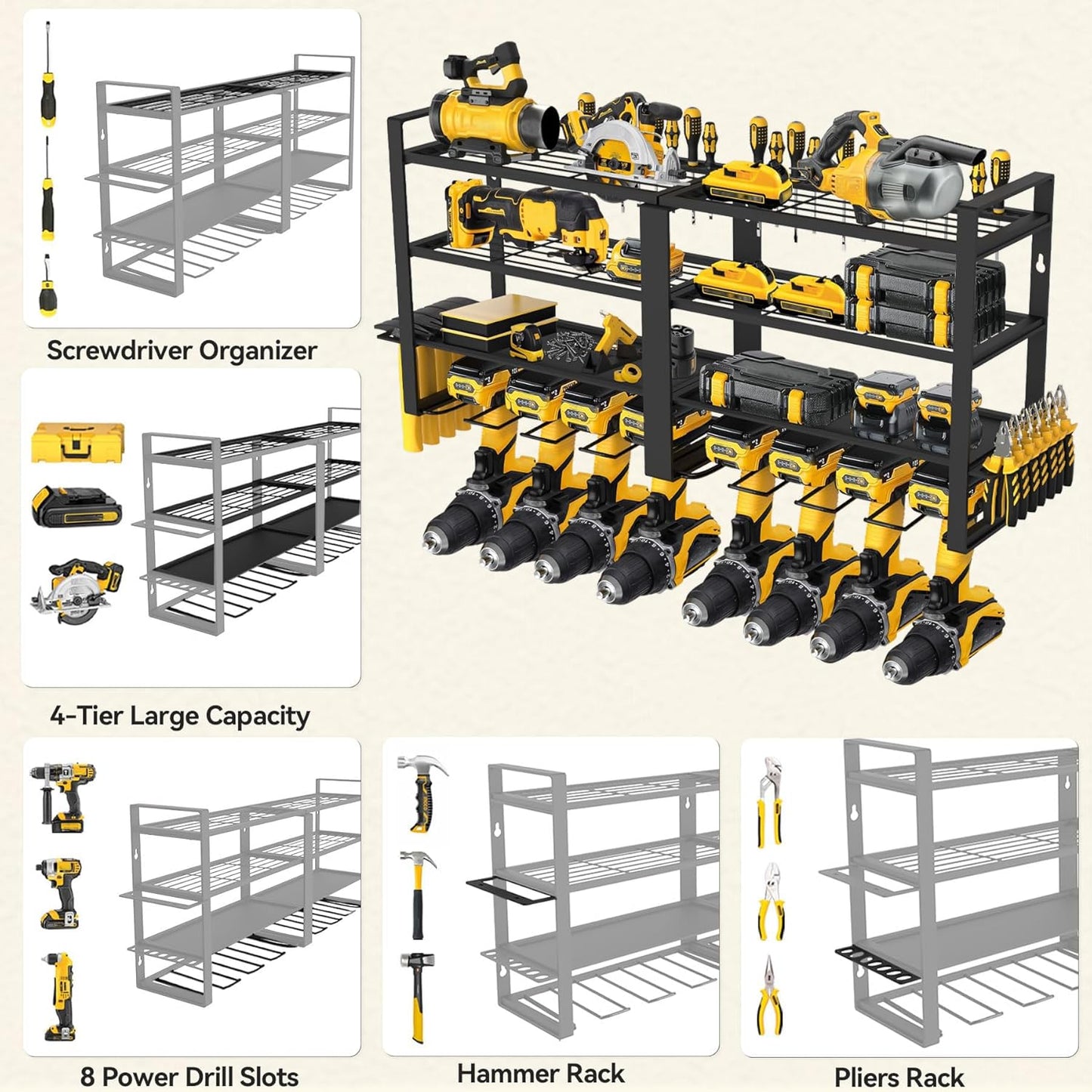 Power Tool Organizer Wall Mount, 4 Layer Heavy Duty Metal Power Tool Storage Rack, 8 Drill Holders Wall Mount, Utility Racks Cordless Tool Storage Rack for Garage Workshop Fathers Men Gift