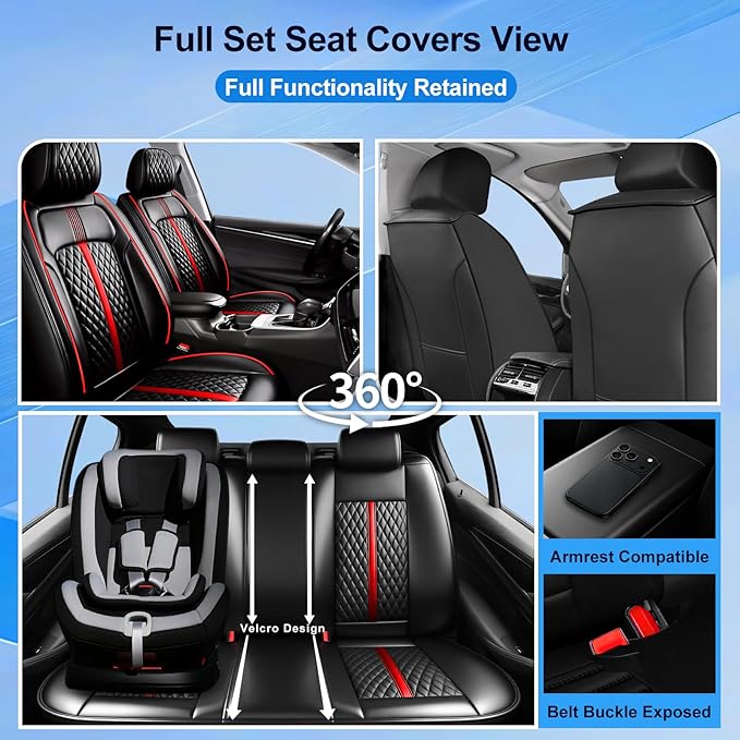 Fit Bolt Car Seat Covers for Select Chevrolet Bolt/Bolt EUV 2017-2025 - Premium Full Coverage Leather, Airbag Compatible, Waterproof & All Weather Seat Cushion Protector, Full Set, Red Trim