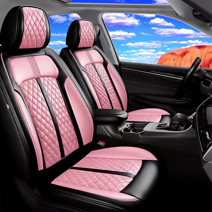 Fit Mazda 6 Car Seat Covers for Select Mazda 6 2007-2021, Premium Full Coverage Leather, Airbag Compatible, Luxury Waterproof All Weather Seat Cushion Protector, Full Set, Black+Pink