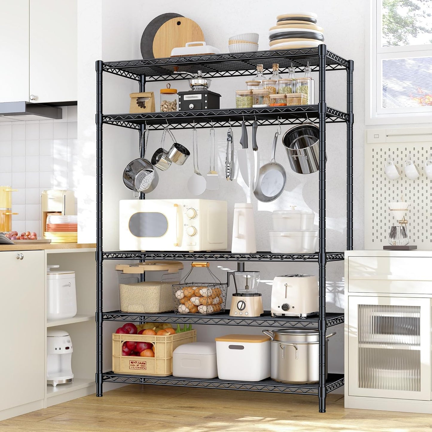 5 Tier Storage Shelves 71"H Wire Shelving Adjustable Metal Shelving,1000LBS Pantry Shelves Sturdy Steel Wire Shelf for Kitchen School Pantry Garage Warehouse ,71"H X35.5"W X13.8"D, Black,2P