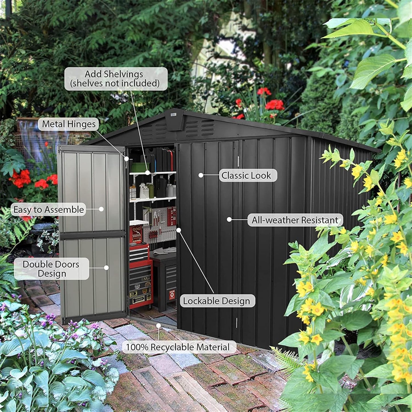 IKERY Galvanized Steel Storage Shed 8.2' x 6.2' with Lockable Door - Large Metal Garden Shed for Bikes, Trash Cans, Outdoor Storage - Backyard, Patio - Dark Gray