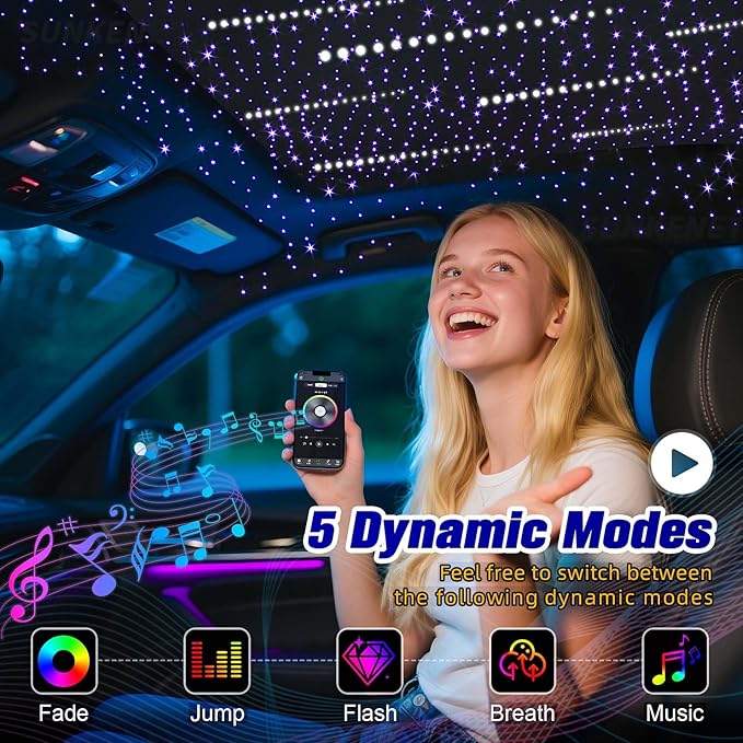 12W Twinkle & Meteor 2 in 1 RGBW Starlight Headliner Kit, 450pcs of(0.03+0.04+0.06in)*9.8ft+96pcs Shooting Star kit for Car Roof/Home Ceiling with Bluetooth APP/Remote Control/Music Effect