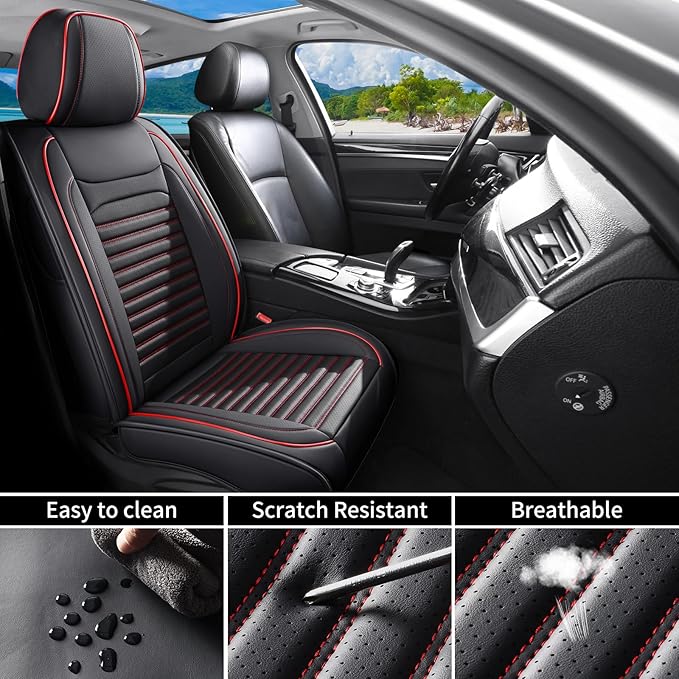 Car Seat Covers Full Set Fit for Toyota RAV4 2001-2026, Premium Faux Leather Car Seat Protector,Breathable Anti-Slip Full Wrapping Edge Seat Covers(Black&Red,Full Set)