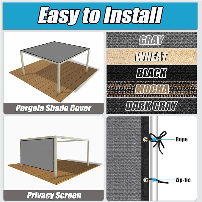Amagenix 90% Shade Fabric 8'X 23' Gray Sun Shade Cloth with Grommets for Pergola Replacement Shade Cover Canopy, Heavy Duty, Cable Zip Ties Included (We Customized)