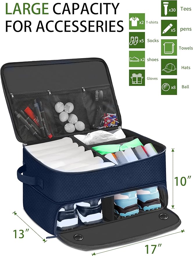 CAMPLAND 2 Layer Golf Trunk Organizer, Waterproof Car Locker for 2 Pair Shoes, Durable Storage for Balls, Tees, Clothes, Gloves, Accessories, Golf Gifts, Blue