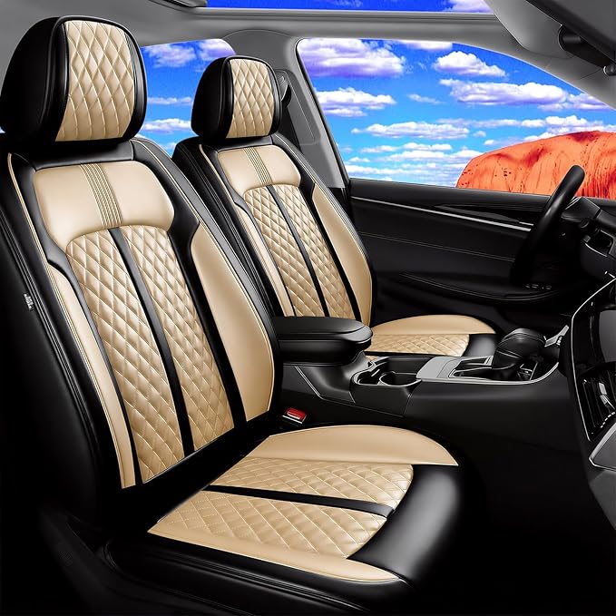 Car Seat Covers for Select Honda Fit 2007-2020, Premium Full Coverage Leather, Airbag Compatible& Scratch-Resistant, Waterproof & All Weather Breathable Seat Protector, Front Pair Black+Beige