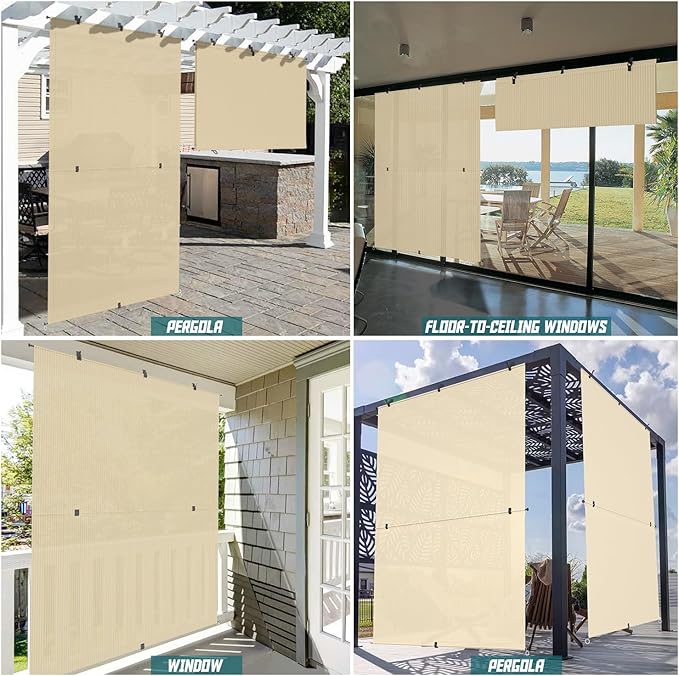Bynbbur 6'W x 8'H Outdoor Patio Shades Foldable Roller Blinds, 220 GSM Sun Shade Roll Up Porch Screens Exterior Shade Cloth for Deck Pergola Backyard, Beige