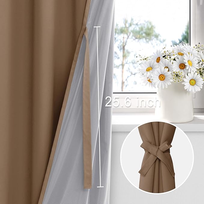 XWZO Full Shading Blackout Curtains 45 Inches Length - Heat and Light Blocking Ring Top Window Drapes with Black Liner Backing for Bedroom Sewn with Tiebacks, Cappuccino, W42 x L45, Set of 2 Panels
