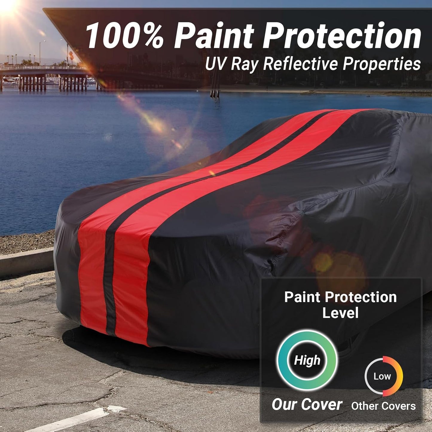 iCarCover Custom Car Cover for Chevy Monza Coupe (1975-1981) Waterproof All Weather Rain Snow UV Sun Protector Full Exterior Indoor Outdoor Car Cover (Stripe - Black/Red)