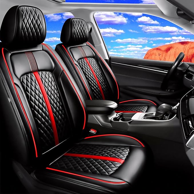 Fit Impala Car Seat Covers for Select Chevrolet/Chevy Impala 2000-2020, Premium Full Coverage Leather, Airbag Compatible, Waterproof All Weather Seat Protector, Full Set, Red Trim