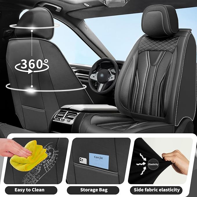 Fit Kona Car Seat Covers for Select Hyundai Kona 2018-2025 2026. Premium Leather, Waterproof， Breathable, Scratch-Resistant & All-Weather Seat Cushion Protector (Full Set, All Black)