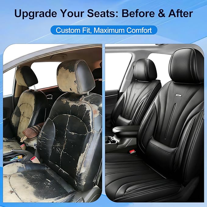 Fit Malibu Car Seat Covers (Front Pair) for Select Chevrolet/Chevy Malibu 2009-2025 - Full Coverage Leather, Airbag Compatible, Waterproof & All Weather Seat Cushion Protector, Black