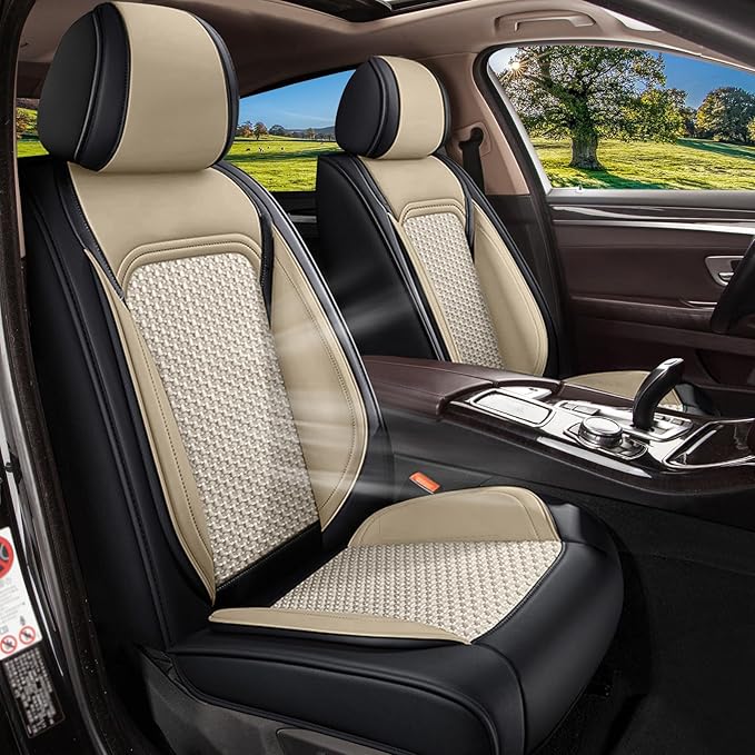 Car Seat Covers Full Set for Honda CR-V CRV 2015-2025 2026-5 Seats- Breathable Cool Ice Silk Leather Seat Covers - Vehicle Seat Cushion (Black&Beige)