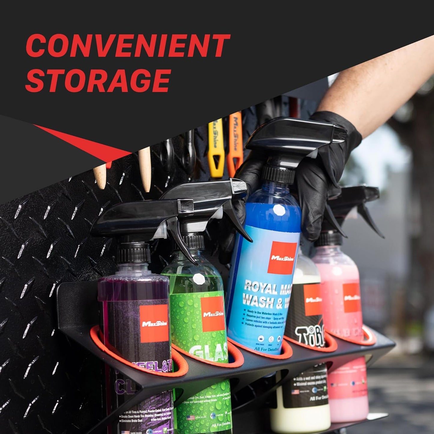 Maxshine Universal Detailing Spray Bottle Holder - Mobile Detailing & Car Garage Organizer, Holds 5 Sprayers (16/32oz) with 4 Small Holes, Lightweight Design, Easy Wall Mounting (Set 6)