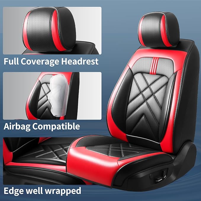 CX-3 Car Seat Covers Fit for Mazda CX-3 2016-2021, Full Coverage Premium Leather Waterproof Breathable Seat Covers, Automotive Seat Protectors, Airbag Compatible(2 Front Seats, Black & Red)