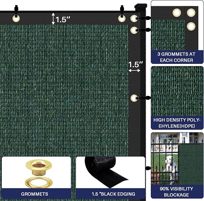 Windscreen4less Privacy Fence Screen Heavy Duty Windscreen Fencing Mesh Fabric Shade Net Cover with Brass Grommtes for Outdoor Wall Garden Yard Pool Deck, 8'x175' Green