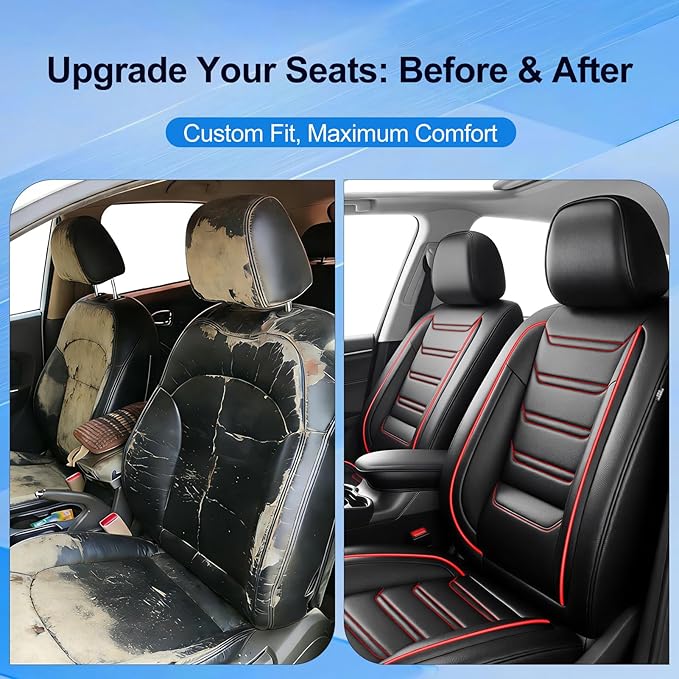 Fit Impala Car Seat Covers (Front Pair) for Select Chevrolet/Chevy Impala 2000-2020 - Premium Full Coverage Leather, Airbag Compatible, Waterproof All Weather Seat Protector, Red Trim