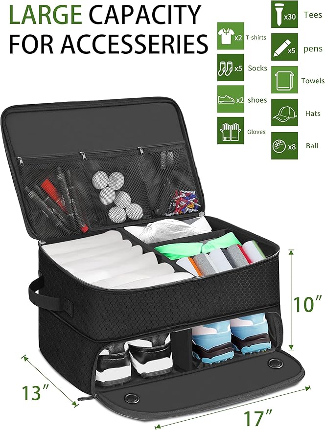 CAMPLAND 2 Layer Trunk Organizer, Waterproof Car Locker for 2 Pair Shoes, Durable Trunk Storage for Balls, Tees, Clothes, Gloves, Accessories, Golf Gifts