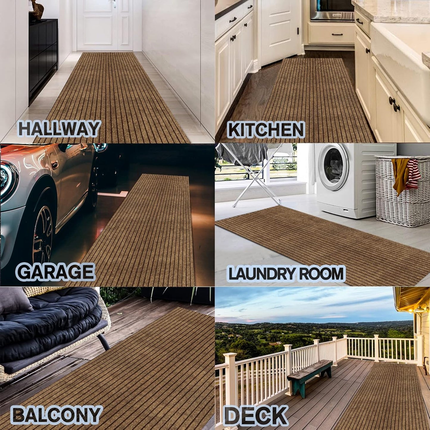 Custom Size Backed Non-Slip Area Rugs Runner, Easy Clean, Waterproof Runner Rugs for Hallway Entryway, Kitchen, Laundry, 3FT x 19FT, Brown Stripe