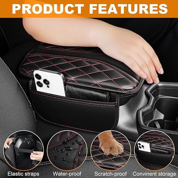 Car Center Console Cover Fit for Jeep Cherokee - Leather Armrest Covers with 2 Storage Pockets(Black&Red)