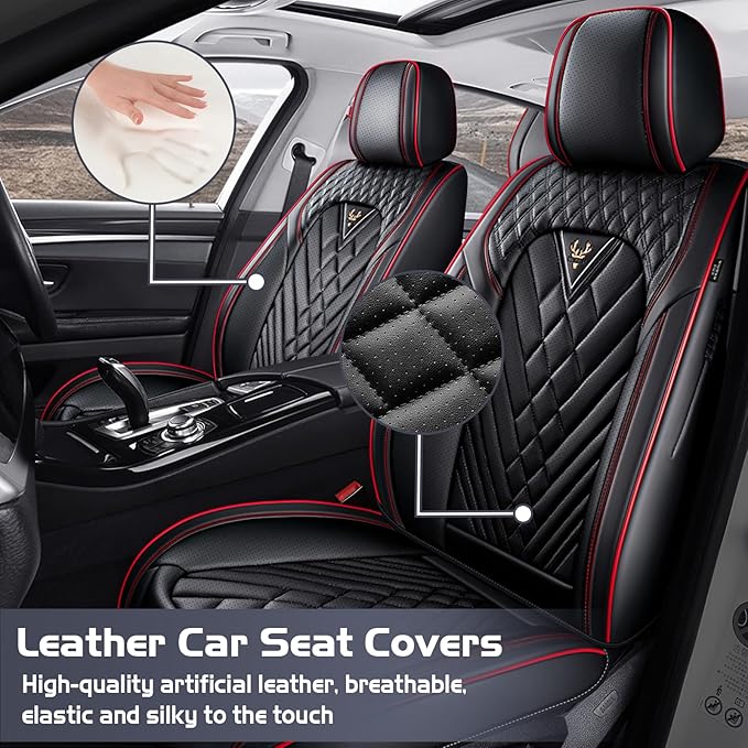 Truck Seat Covers for Ford F150 2009-2026, Waterproof Premium Leather Full Coverage Car Seat Cover, Muscle Sport Style Auto Interior Seat Cover Sets (Front Set/Black Red)