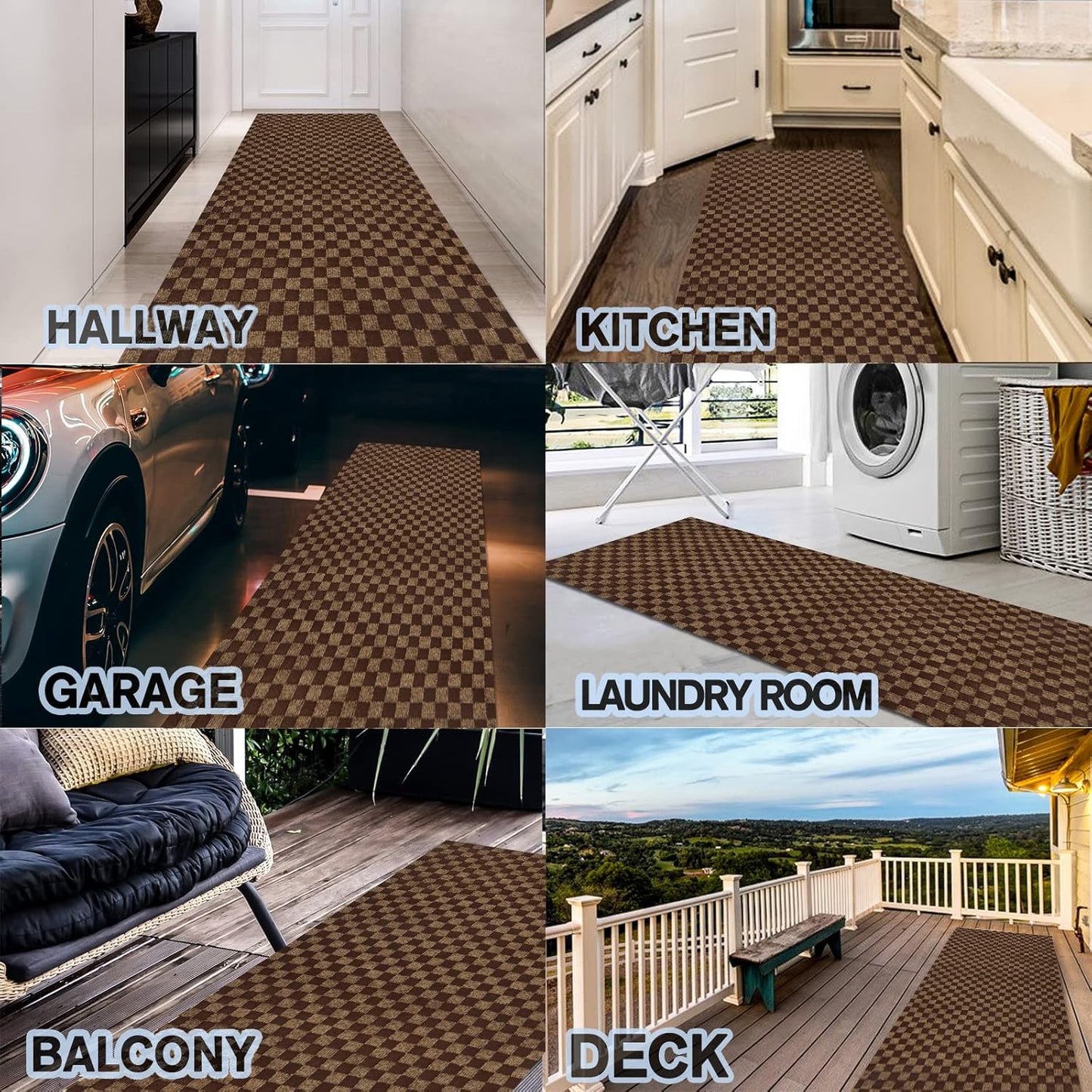 Custom Size Backed Non-Slip Area Rugs Runner, Easy Clean, Waterproof Runner Rugs for Hallway Entryway, Kitchen, Laundry, 2FT x 15FT, Brown Checkered