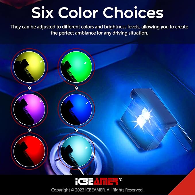 ICBEAMER Mini Smart USB Type-A 2-Pack (Purple) | LED Night Light for Car Interior, Trunk, Center Console, Easy Plug-in, Enhance Automotive Ambiance, Perfect for Night Use