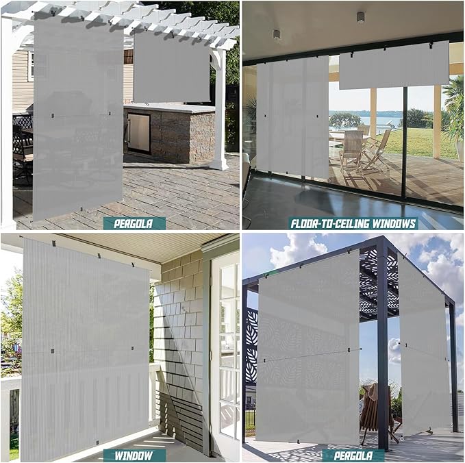 Bynbbur 5'W x 14.5'H Outdoor Patio Shades Foldable Roller Blinds, 220 GSM Sun Shade Roll Up Porch Screens Exterior Shade Cloth for Deck Pergola Backyard, Light Gray