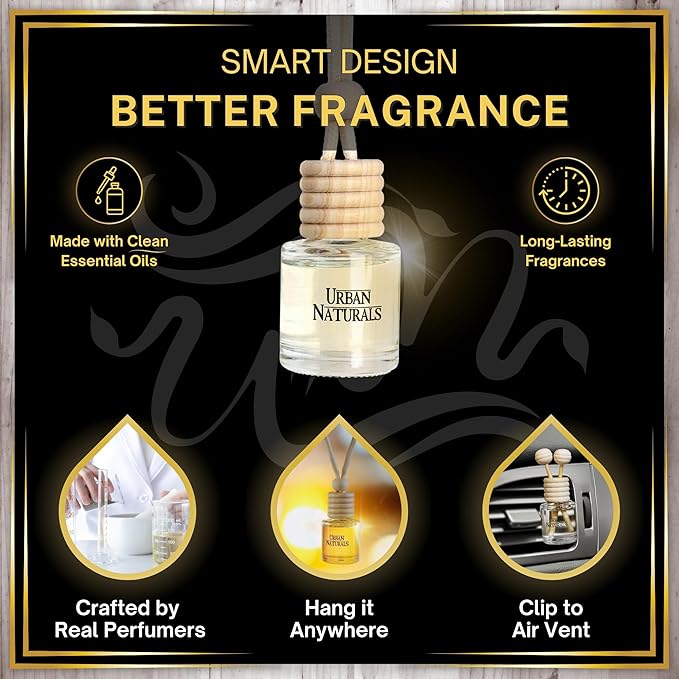 Urban Naturals Car Air Freshener Hanging + Vent Clip, 24K Citron Scent Diffuser, Long Lasting Car Fresheners Made in USA, Auto Accessories for women (1 Pack)