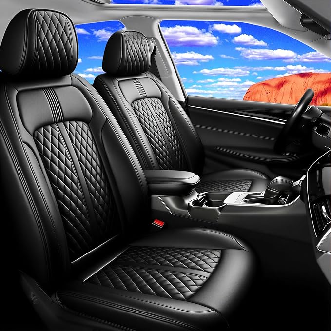 Fit Malibu Car Seat Covers (Front Pair) for Select Chevrolet/Chevy Malibu 2009-2025 - Full Coverage Leather, Airbag Compatible, Waterproof & All Weather Seat Cushion Protector, Black