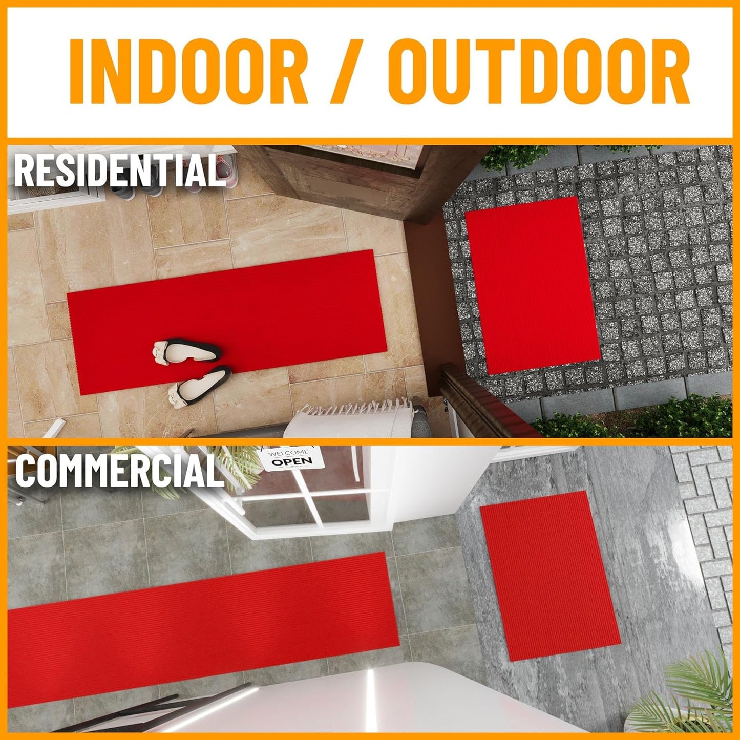 Ottomanson 2' x 20' Hallway Runner with Scraper Pile - Extra Durable Non-Slip Rug Mat for Indoor & Outdoor Use - Ideal for Kitchen, Entryway, Patio & Garage - High-Traffic Carpet, Red