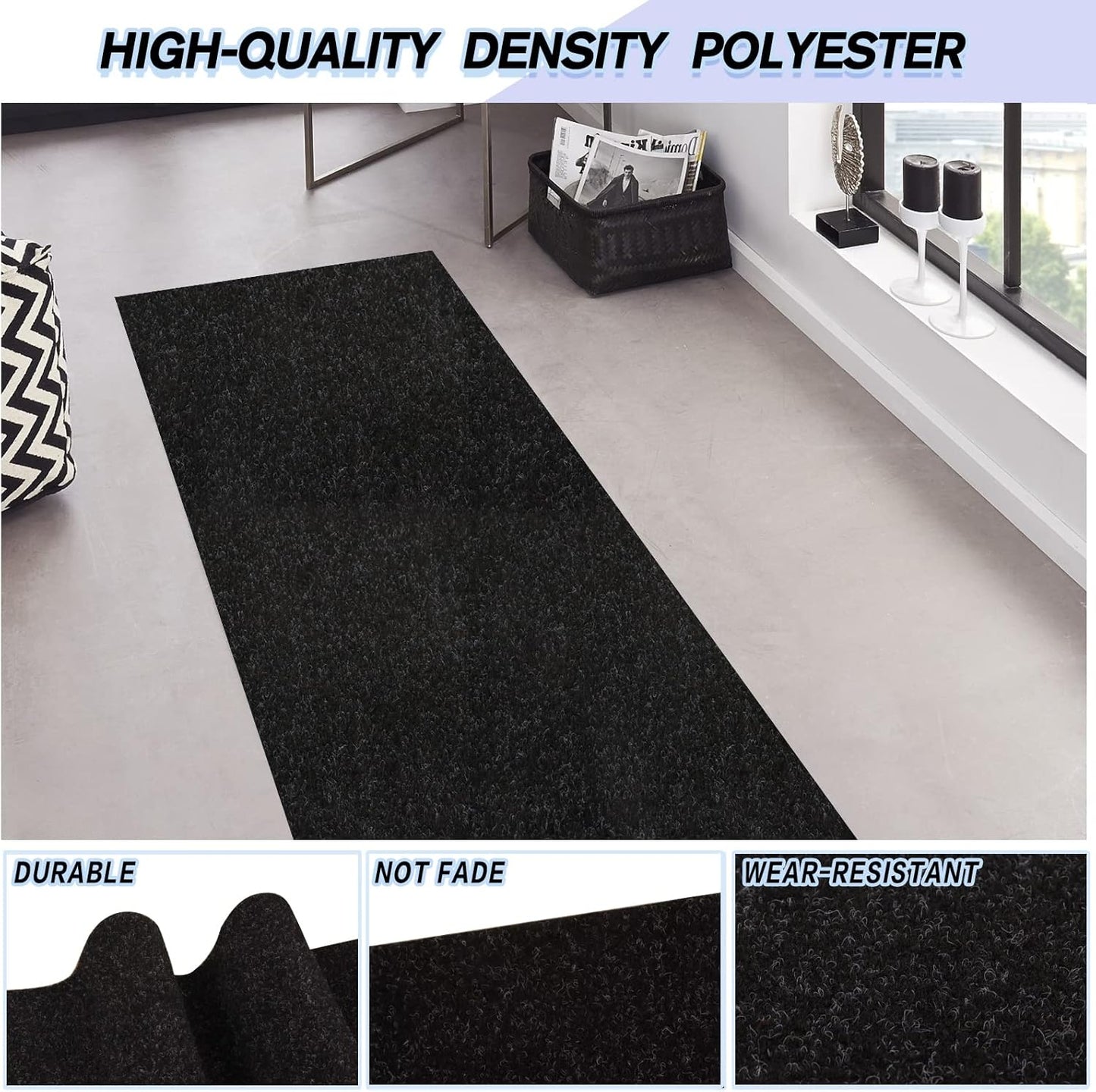 Custom Size Backed Non-Slip Area Rugs Runner, Easy Clean, Waterproof Runner Rugs for Hallway Entryway, Kitchen, Laundry, 2FT x 24FT, Black