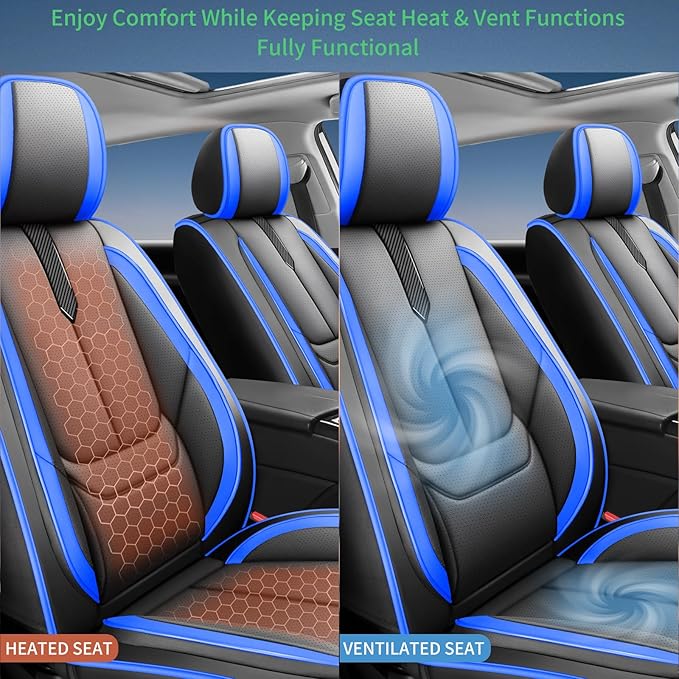 Fit Insight Car Seat Covers for Honda Insight 2010-2021 2022-Upgraded Premium Waterproof & Breathable Leather,Airbag Compatible,All-Weather Seat Cushion Protector,2 Front/Black-Blue