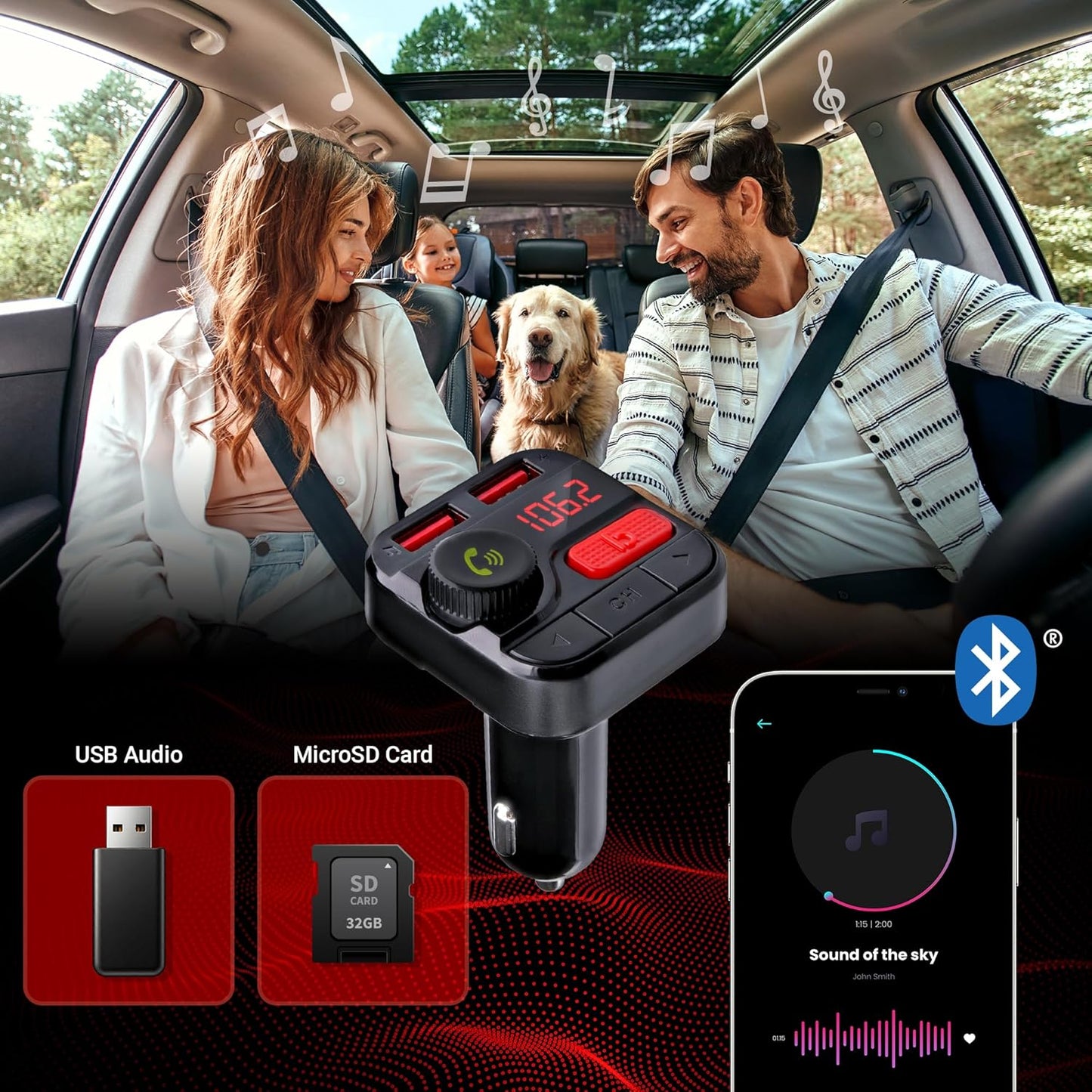 Monster Bluetooth FM Transmitter for Car Cigarette Lighter, Bass Boost, Track Back/Forward, Volume, Play/Answer Buttons, Micro SD Card Slot, Microphone, 2 USB Chargers, Google Voice & Siri Compatible