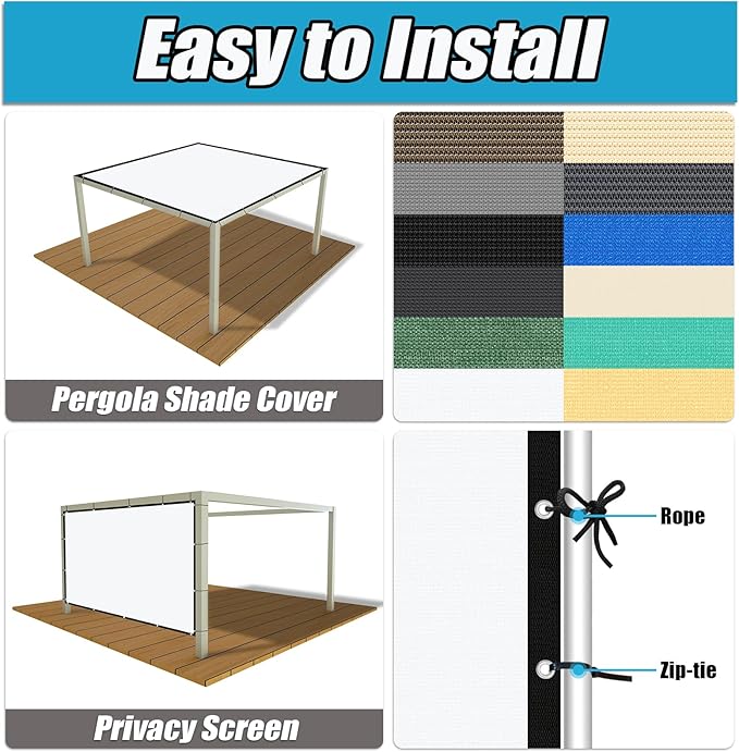 Amagenix 90% Pergola Shade Cover 14' X 15' Sun Shade Cloth with Grommets for Outdoor Garden Patio Porch, Commercial Grade 200 GSM - Cable Zip Ties Included (We Customized) GN108, White