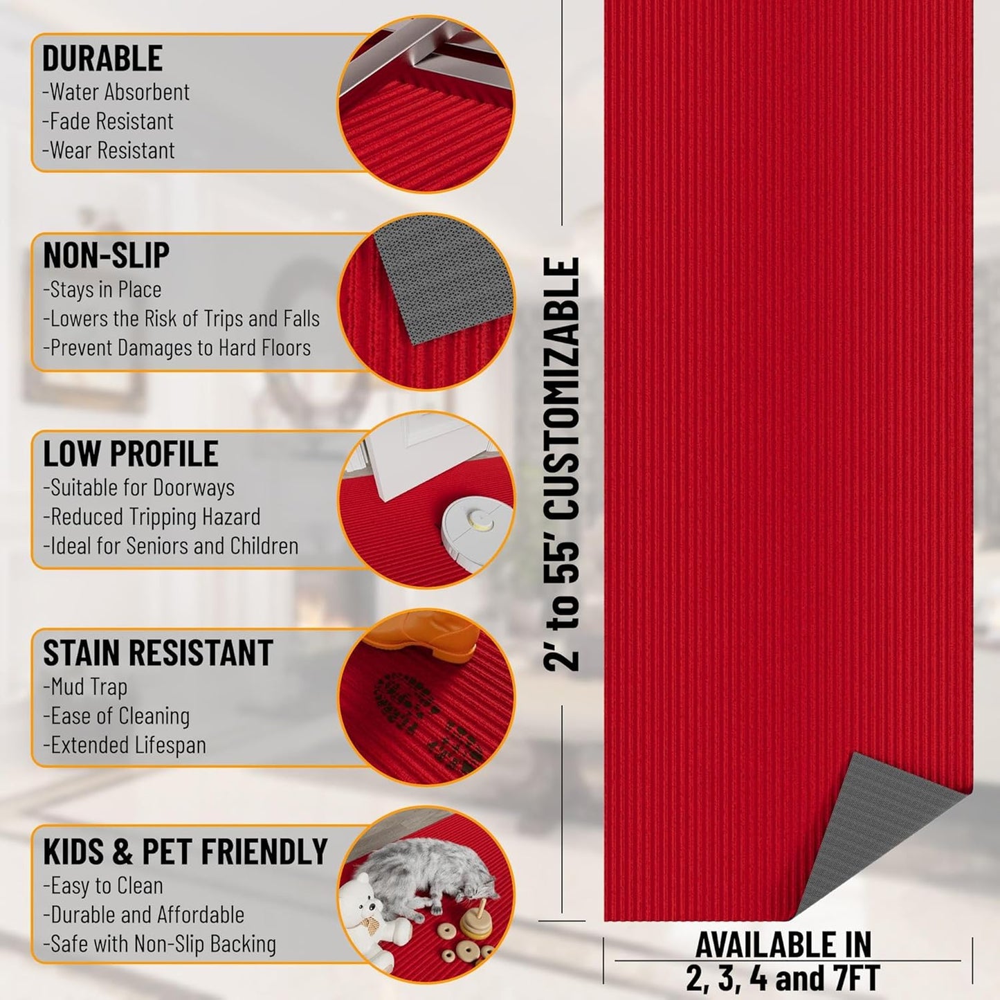 Ottomanson 2' x 11' Hallway Runner with Scraper Pile - Extra Durable Non-Slip Rug Mat for Indoor & Outdoor Use - Ideal for Kitchen, Entryway, Patio & Garage - High-Traffic Carpet, Red