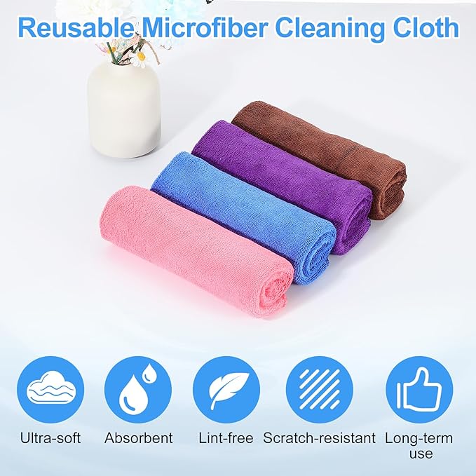 HARFINGTON 4 Pack Microfiber Cleaning Cloth, 16" x 12" Multi-Functional Cleaning Towels Reusable Absorbent Rags with Hook for Car Wash Kitchen Household Window Clean, Sapphire Blue