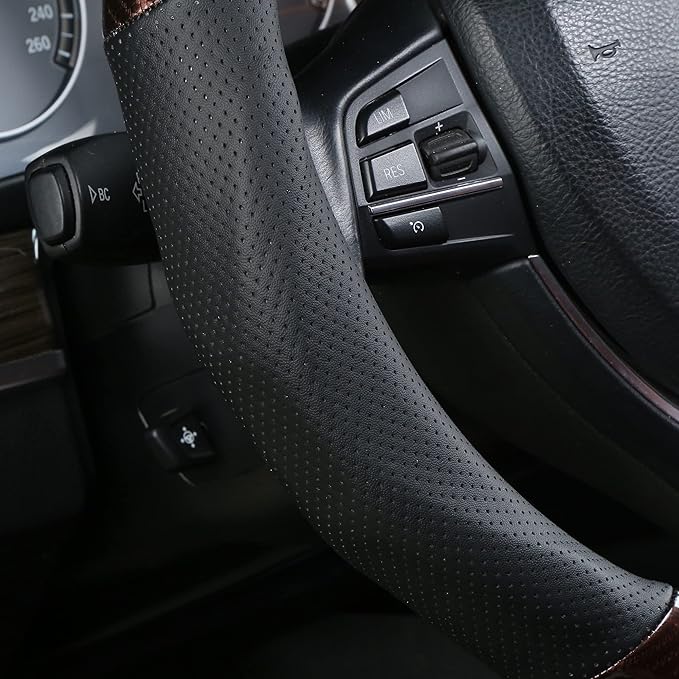 ALEMODR Black Carbon Fiber Leather Steering Wheel Cover Universal 15 inch