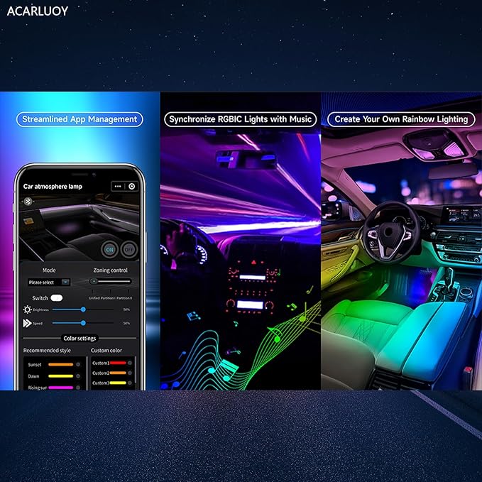 Acrylic Car LED Ambient Light, Fiber Optic Interior Light Strip, 24 Million Types, Ambient Light KKT that Swings with The Melody of Music (Dreamcolor 6 in 1)