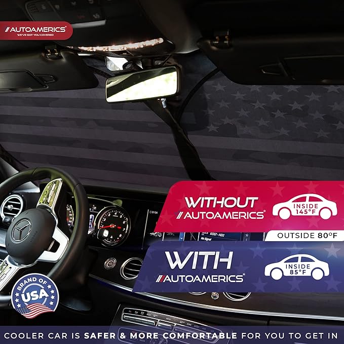 Autoamerics 1-Piece Windshield Sun Shade Gray Camo American Flag USA Design - Foldable Car Front Window Sunshade for Most Sedans SUV Truck - Blocks Max UV Rays and Keeps Your Vehicle Cool - Medium