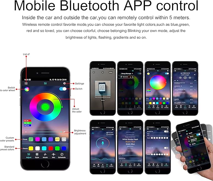 64 Colors Car Ambient Lighting Fiber Optic APP Control Multicoloured Music Car Atmosphere Decorative Lighting Kit 1W DC 12V-24V 5m