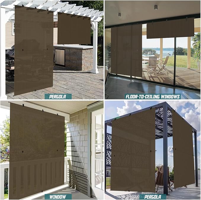 Bynbbur 4'W x 9'H Outdoor Patio Shades Foldable Roller Blinds, 220 GSM Sun Shade Roll Up Porch Screens Exterior Shade Cloth for Deck Pergola Backyard, Brown