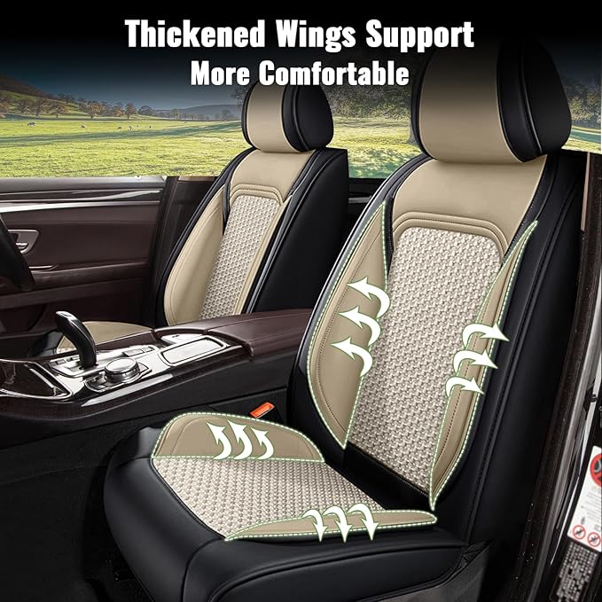 Car Seat Covers Full Set for Subaru Legacy 1995-2024 2025 2026, Breathable Cooling Ice Silk Leather Car Seat Covers, 5 Seats Vehicle Seat Protector Seat Cushion Auto Accessories (Black&Beige)