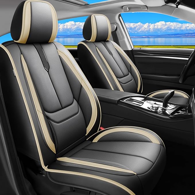 Fit Venue Car Seat Covers for Hyundai Venue 2020-2025 2026-Upgraded Premium Waterproof & Breathable Leather,Airbag Compatible,All-Weather Seat Cushion Protector,Full Set,Black-Beige
